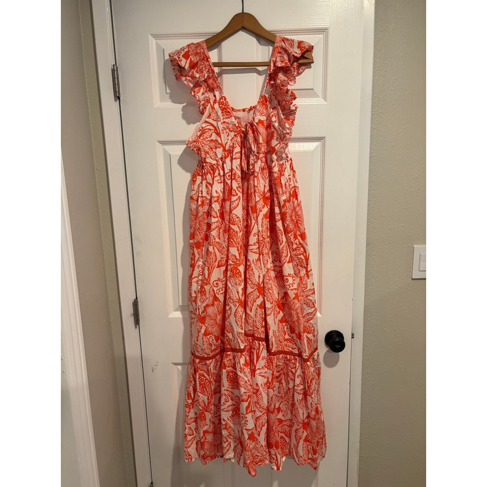 Ro's Garden Orange Floral Block-Print Tiered Maxi Dress Size M Anthropologie - Picture 4 of 7